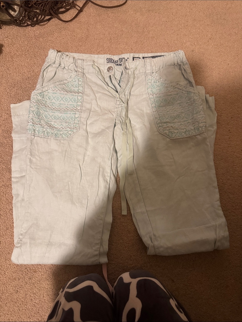 Miss Me Light Mint Embroidered Drawstring Chinos